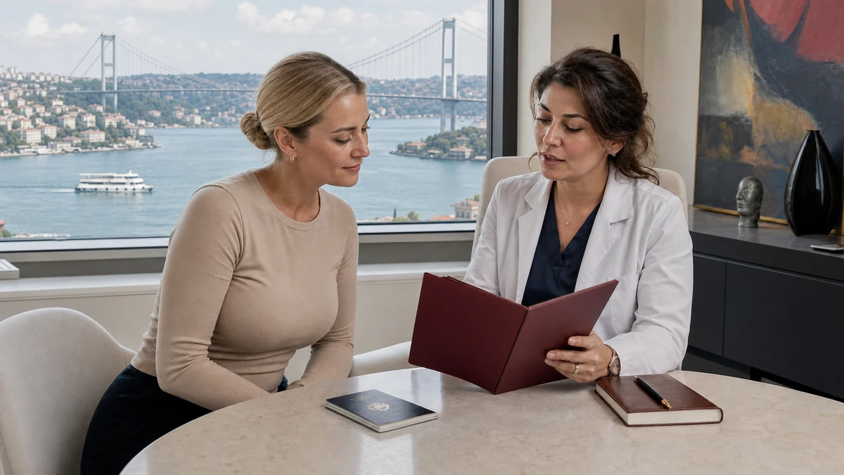 International patient reviewing a treatment plan in Istanbul with the Bosphorus Bridge visible behind