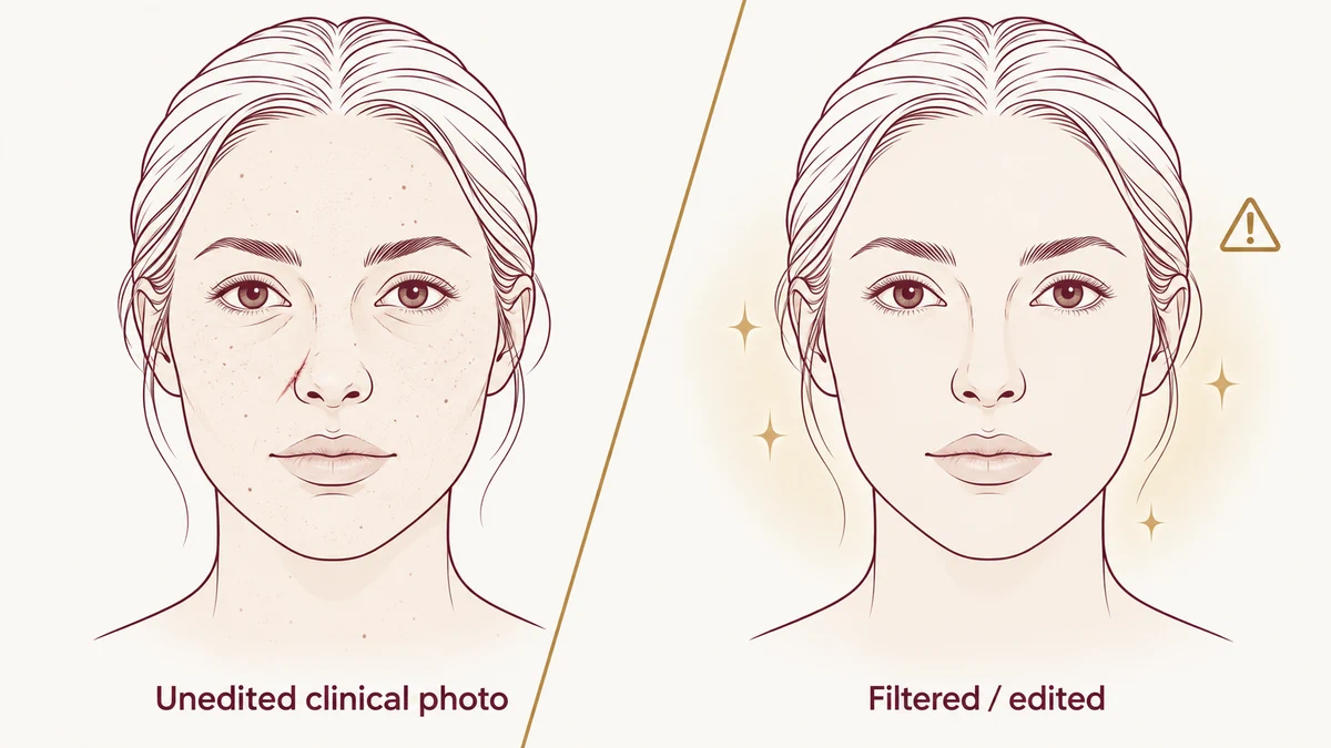 Schematic comparing an unedited clinical photo with a filtered version where skin texture, scars and asymmetry are smoothed away