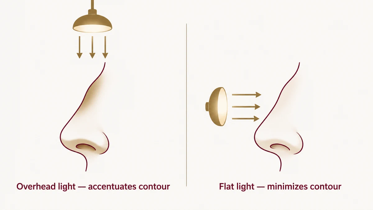 Schematic showing how overhead vs flat lighting changes the apparent depth of upper eyelid hooding and under-eye shadows