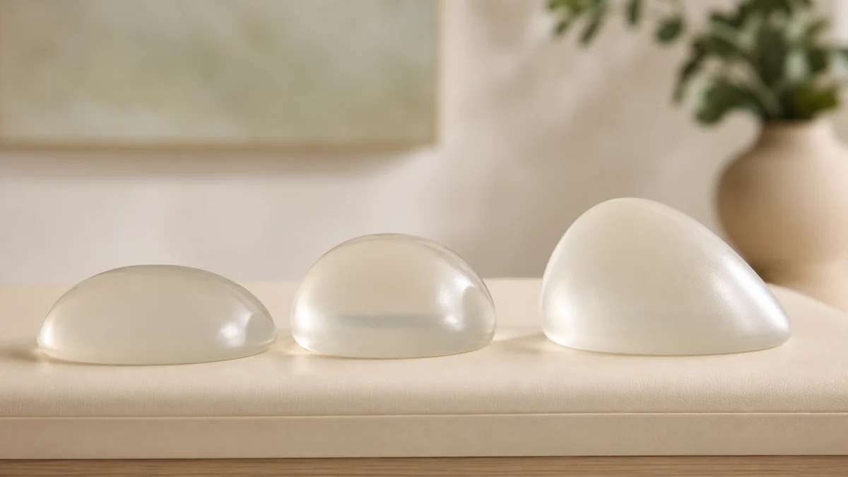 Unbranded breast implant sizers in varied profiles on a neutral consultation surface