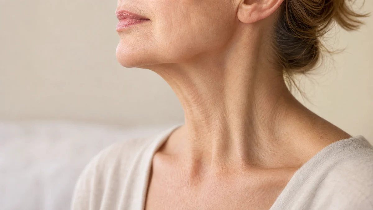 Mature adult neck and jawline shown in a natural side-profile editorial crop