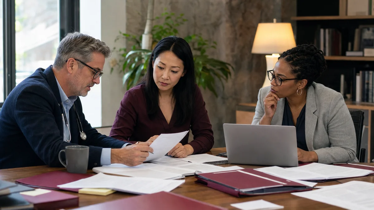 Medical reviewer, editor, and researcher examining evidence together