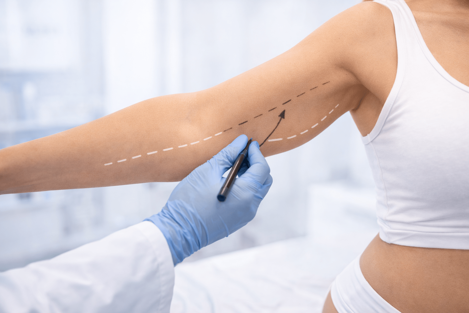 Plastic surgeon marking upper arm treatment area on female patient during arm lift consultation in aesthetic clinic