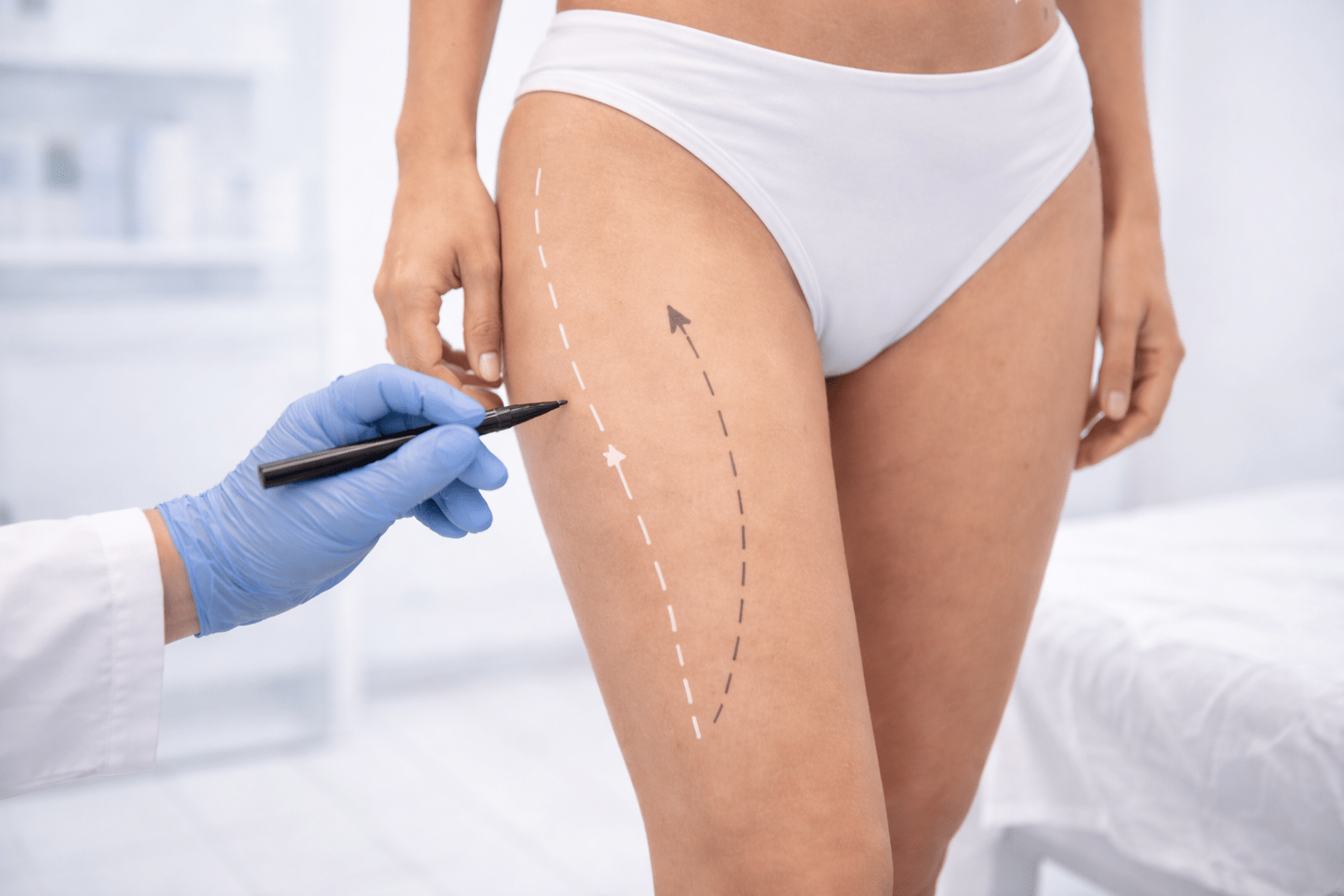 Plastic surgeon marking upper thigh area on female patient during thigh lift procedure consultation in aesthetic clinic