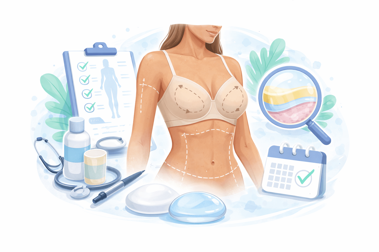 Medical illustration of breast surgery planning showing female torso with surgical markings and breast implant diagram