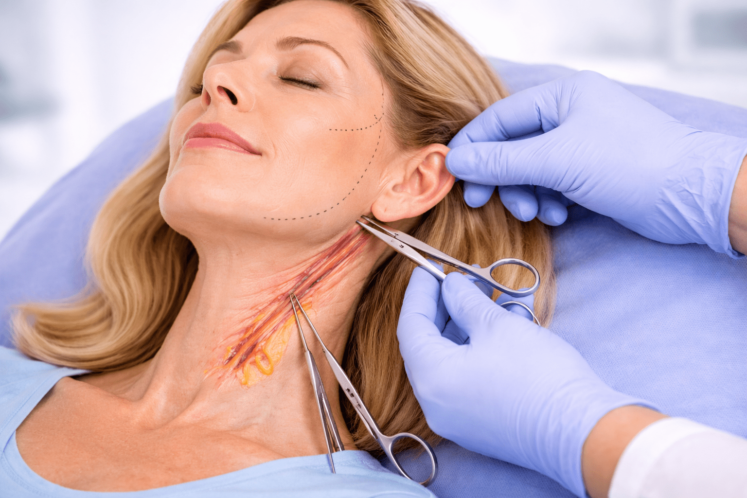 Surgical procedure on a woman's neck