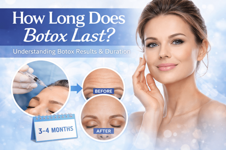 woman with smooth skin illustrating botox treatment results with before and after wrinkle reduction and typical botox duration of three to four months