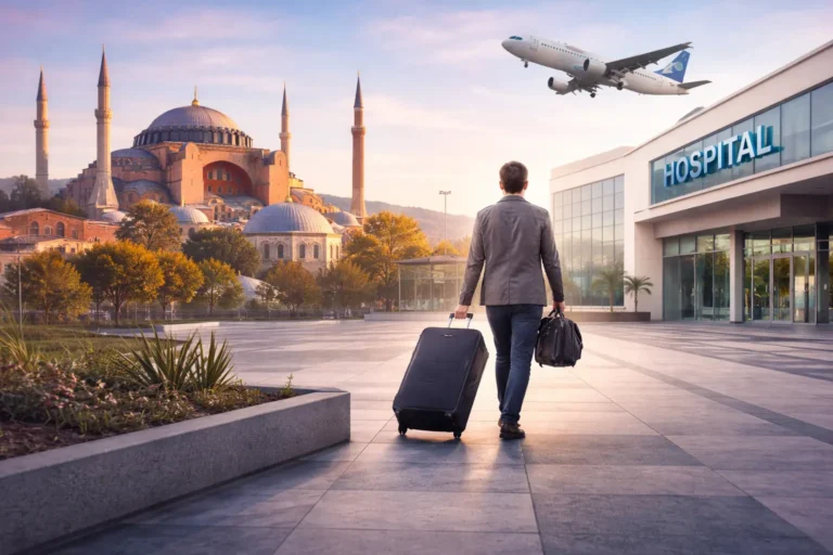 man arriving at a hospital in istanbul, plane flying over the sky