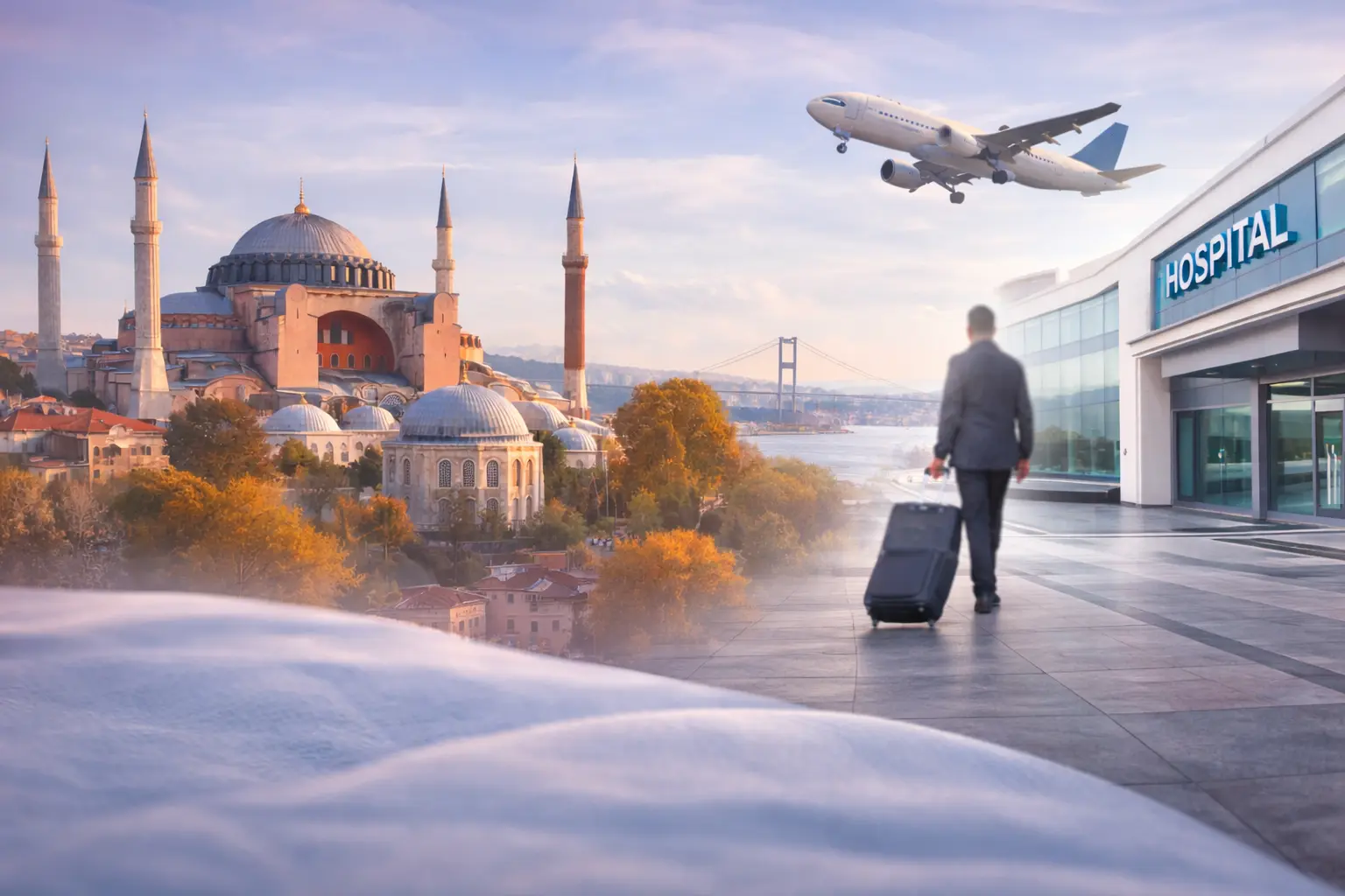 a man flying from abroad to istanbul for the plastic surgery in turkey